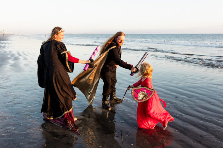 San Diego beach family photography with a whimsical medieval theme