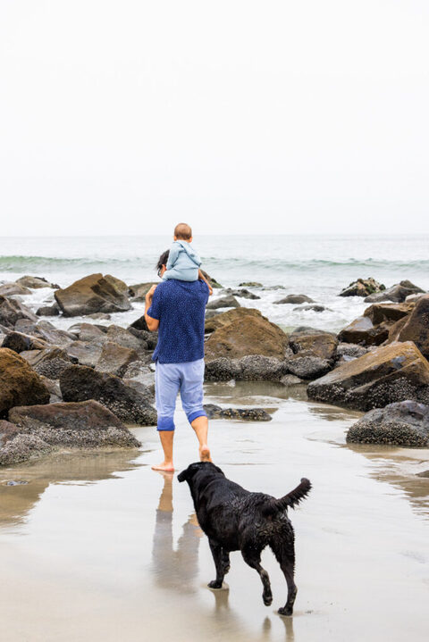 Family portraits on Coronado Beach with parents, their little one, and their beloved dog